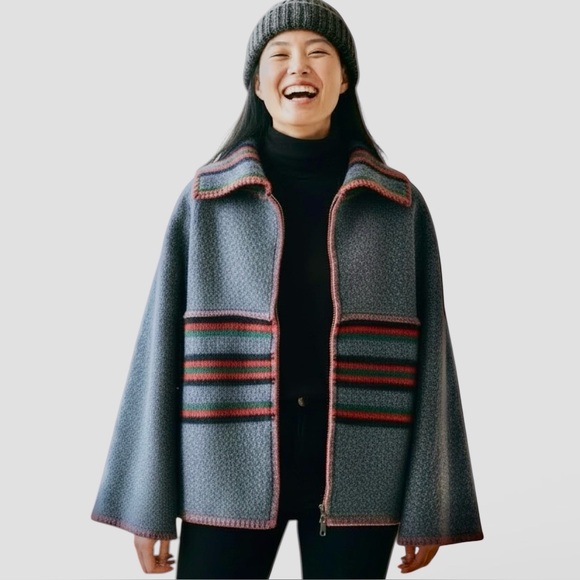 Handcrafted Jackets & Blazers - Handmade Gray Stripe Bog Jacket Zip Up from Pendleton Wool Blanket  | Woman's XL